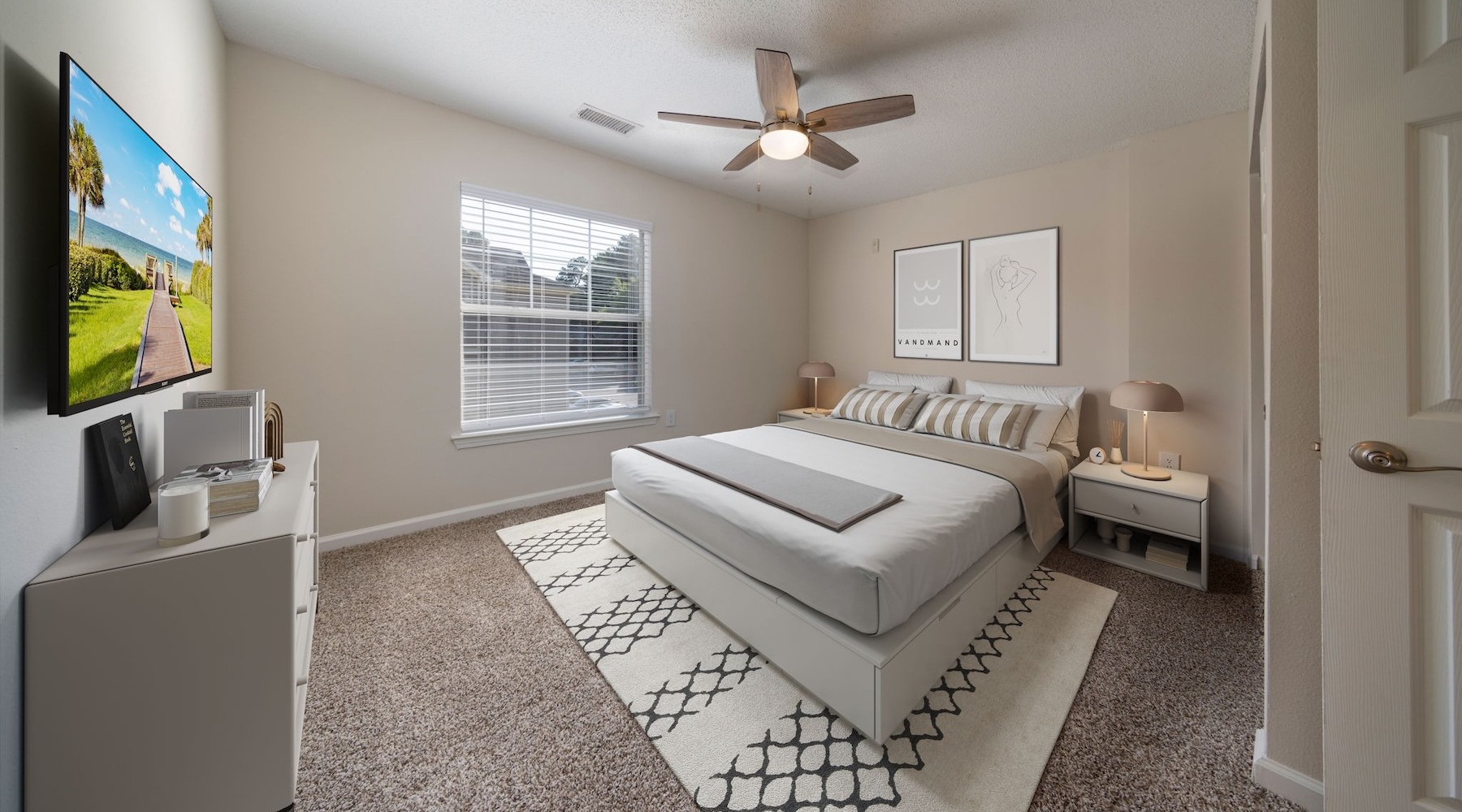 bedroom with bed ceiling fan tv and window