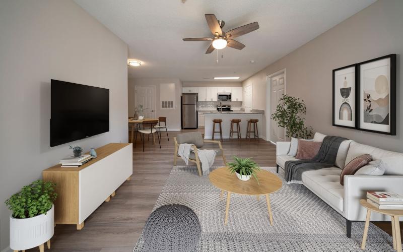 a living room with a tv and couches