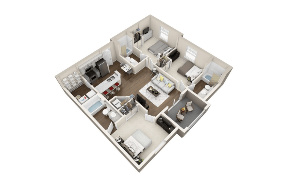 C3R - 3 bedroom floorplan layout with 3 bathrooms and 1140 square feet