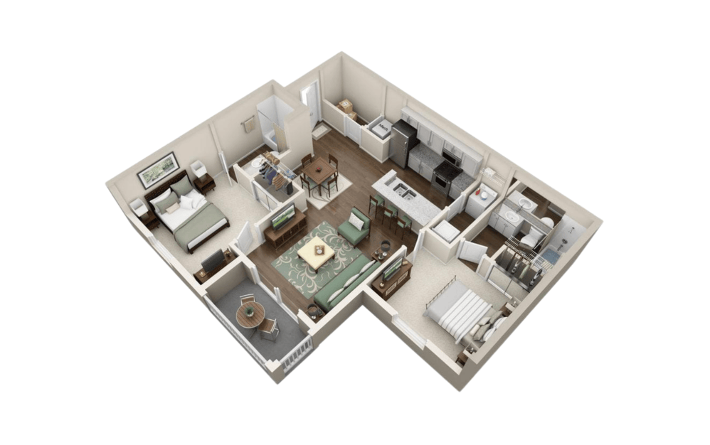 B2BR - 2 bedroom floorplan layout with 2 bathrooms and 963 square feet