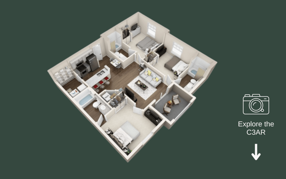 C3AR - 3 bedroom floorplan layout with 3 bathrooms and 1140 square feet (Residence Floorplan)