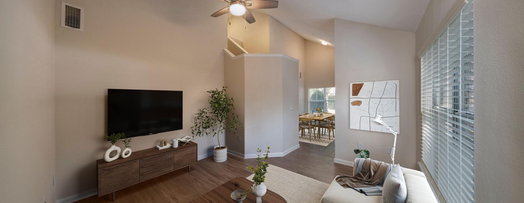 a living room with a tv and couches
