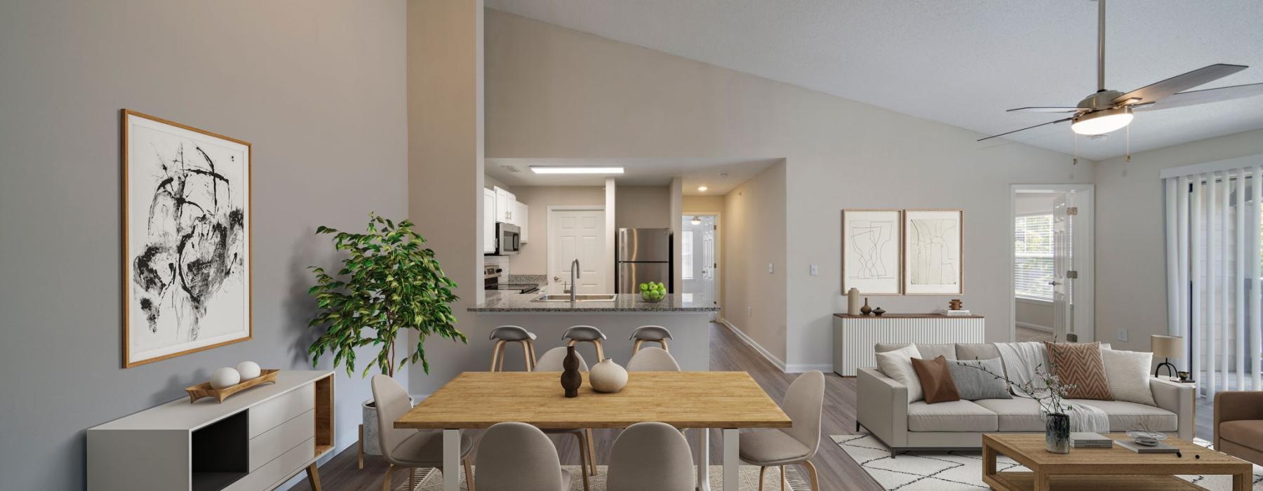 a living room with a dining table and couches